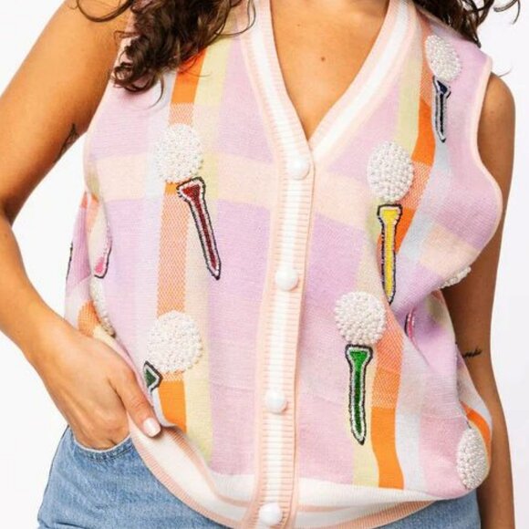 Queen Of Sparkles Light Pink Plaid Golf 'Tee Time' Sweater Vest - Picture 2 of 5